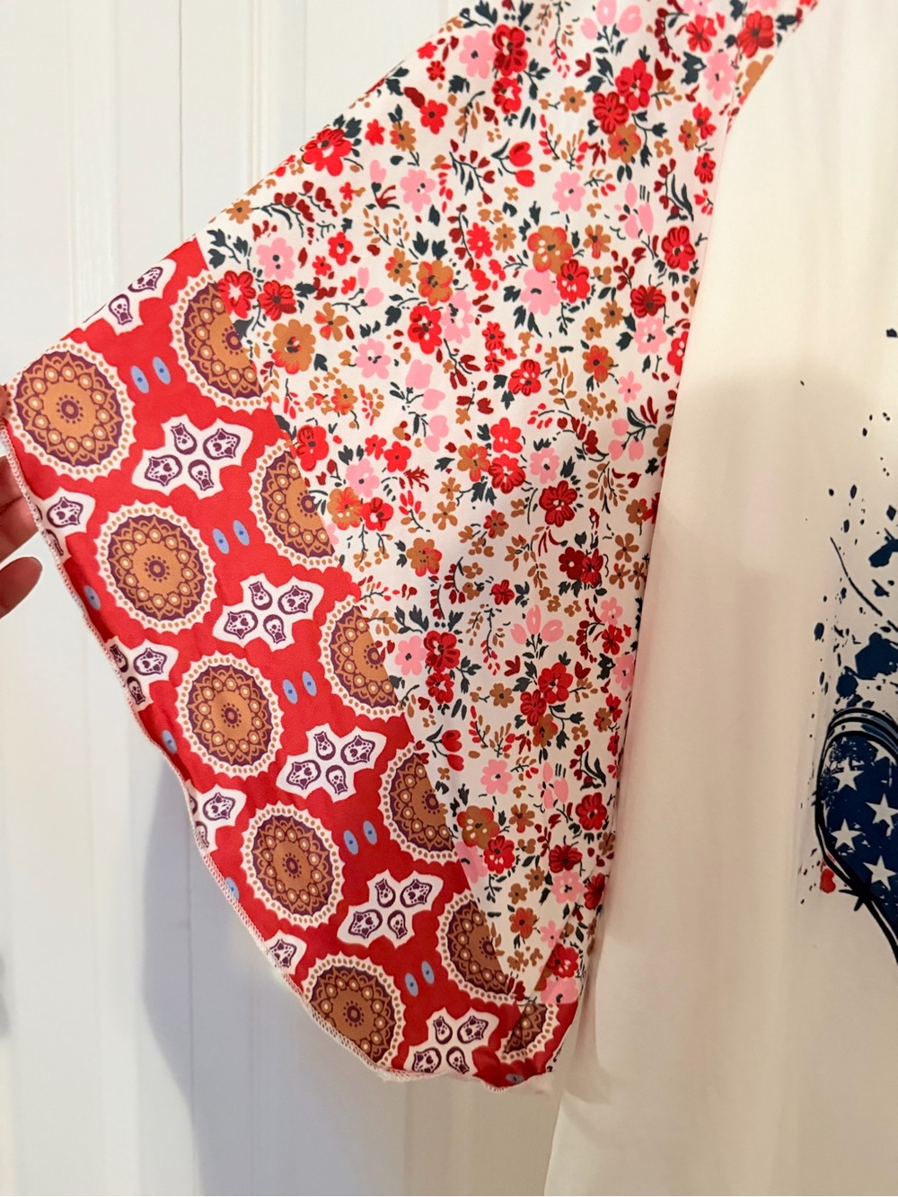 Patriotic Heart Graphic Raglan Top - White with Red Floral Sleeves - Picture 2 of 3
